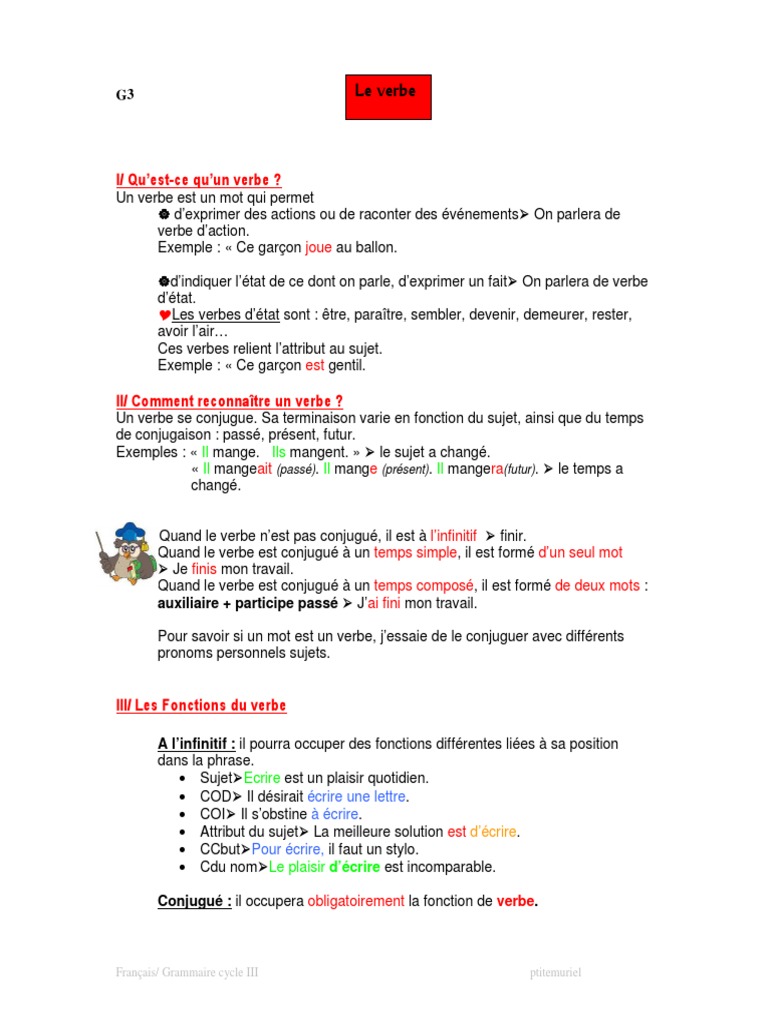 Mu G3 Lecon Le Verbe Pdf Verbe Sujet Grammaire