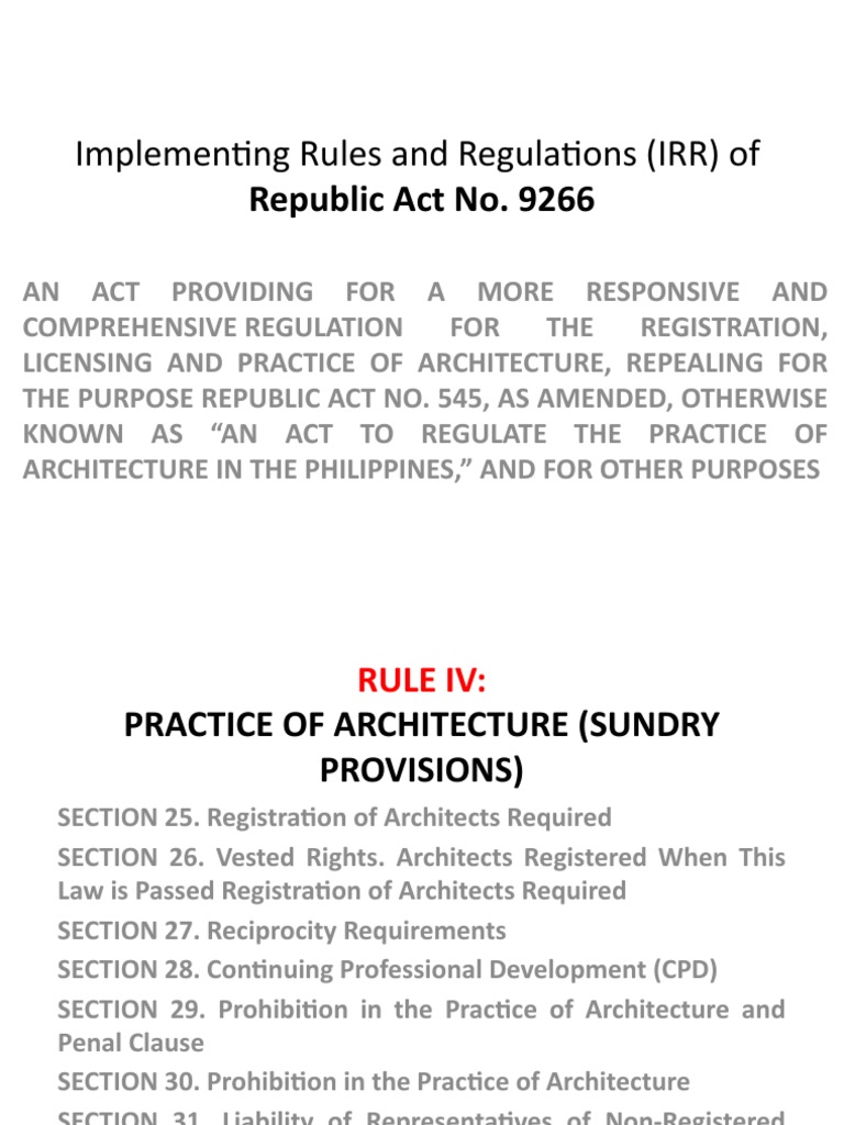 IRR of RA 9266: Architecture Practice Rules | PDF | Licensure | Architect