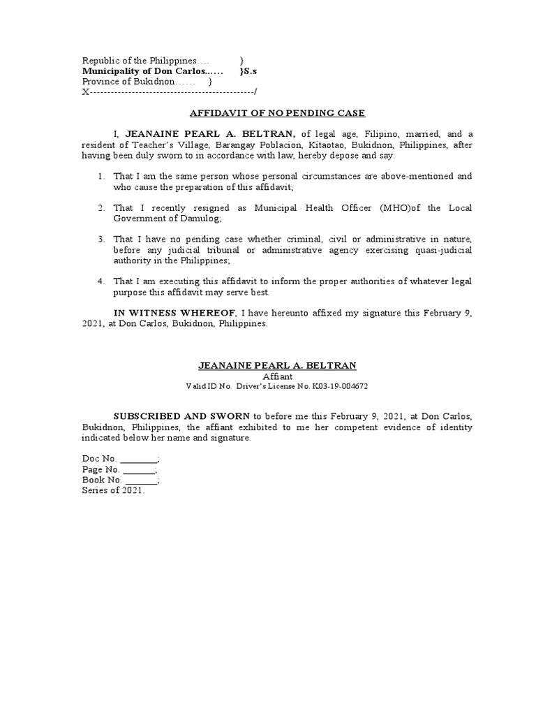 Affidavit of No Pending Legal Cases | PDF