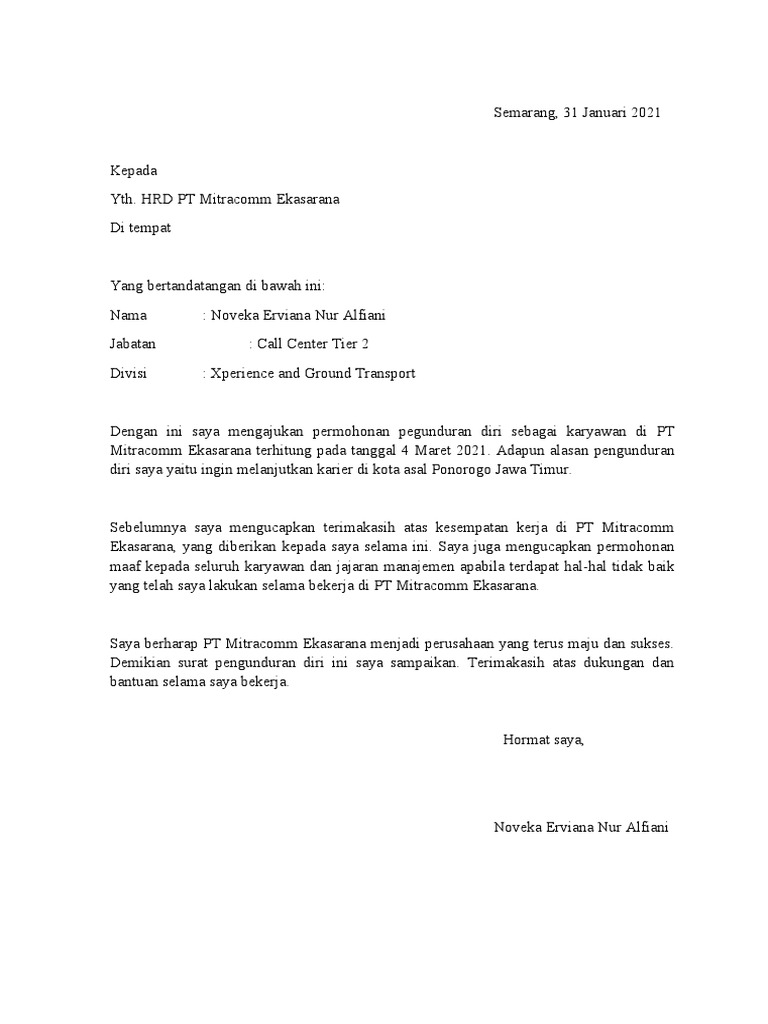 Contoh Surat Pengunduran Diri Editable | PDF