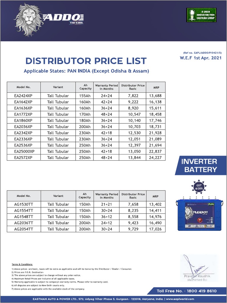 Addo Price List Inverter Battery - Pan India (Except Odisha & Assam ...