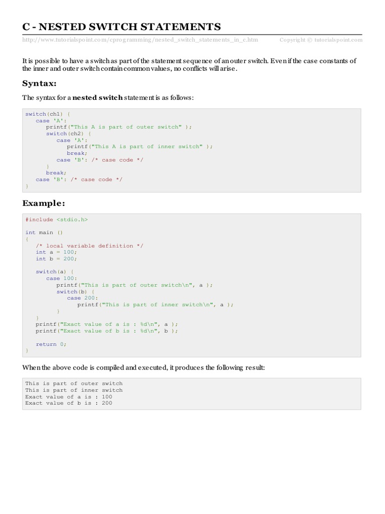 C Nested Switch Statements Syntax PDF