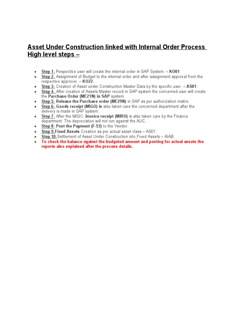 Asset Under Construction Linked With Internal Order Process High Level ...