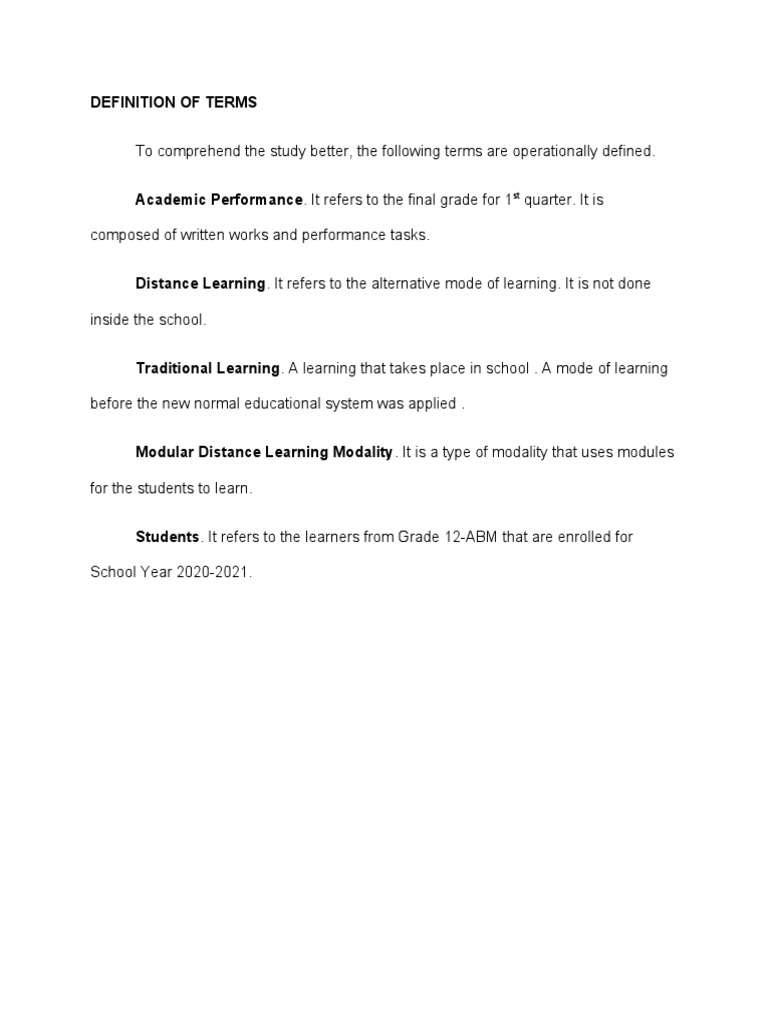 Definition of Terms Research Paper Modular Distance Learning Modality | PDF