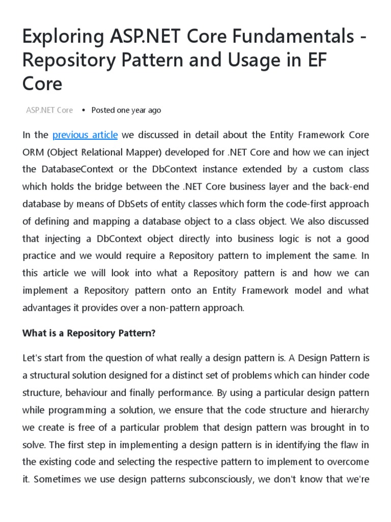 Implementing Repository Pattern in ASP.NET Core | PDF | Object ...