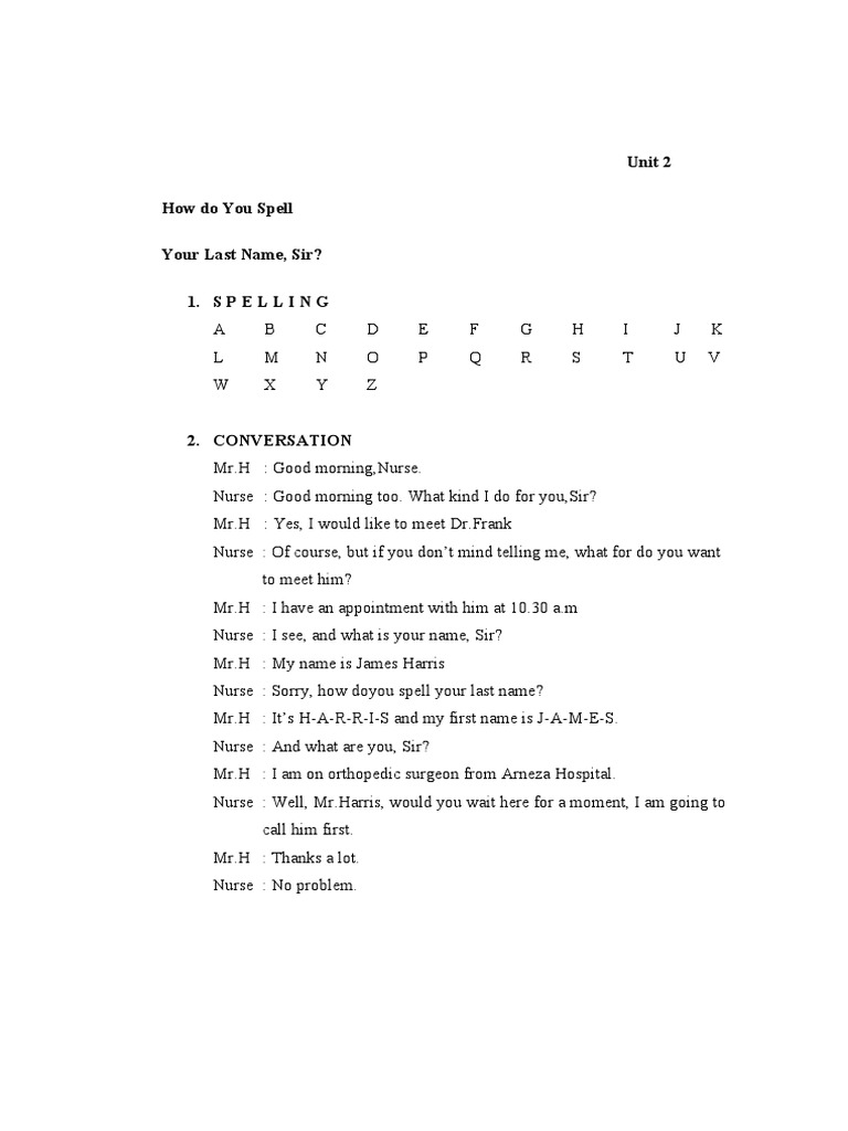 Unit 2 How Do You Spell Your Last Name, Sir? 1.spelling PDF