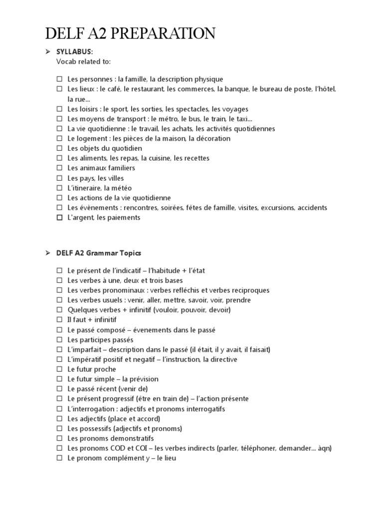 Préparation au DELF A2 : Syllabus et Vocabulaire | PDF | Arts du ...