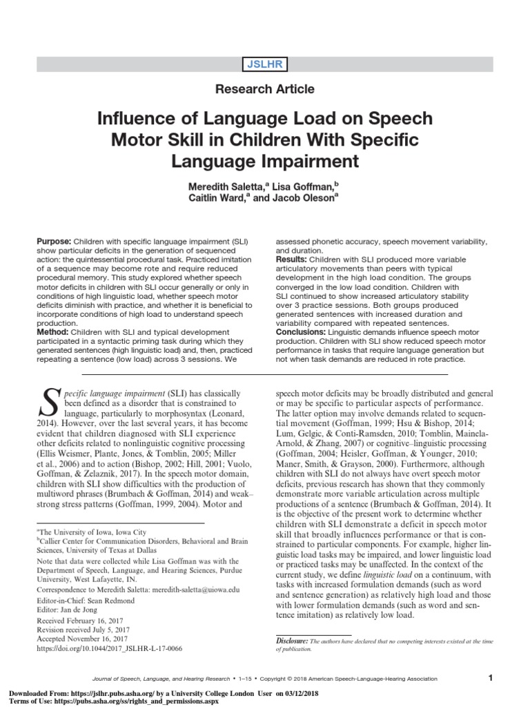 Influence of Language Load On Speech Motor Skill in Children With ...