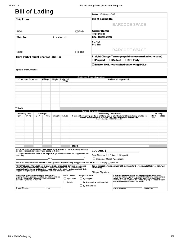 Bill Of Lading Form Fill Online Printable Fillable FREE 18+ Bill Of