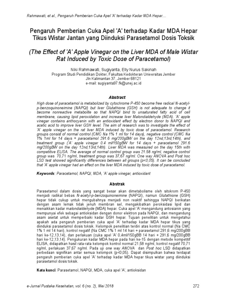 The Effect of 'A' Apple Vinegar On The Liver MDA of Male Wistar Rat