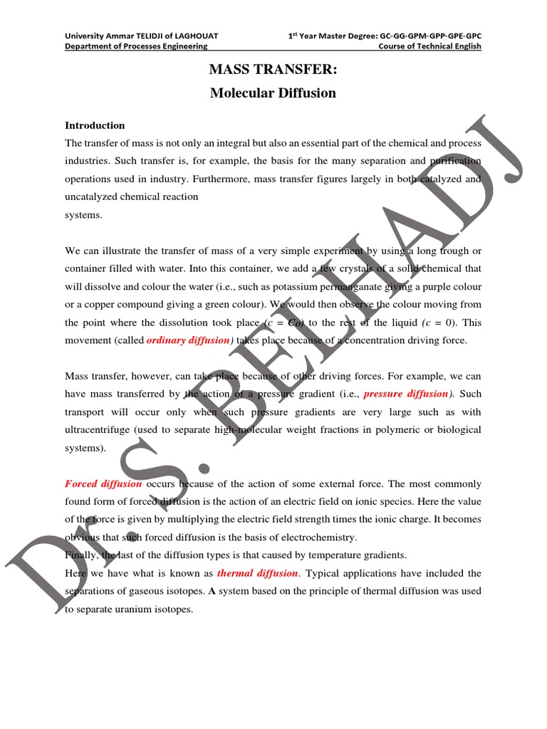 Molecular Diffusion in Mass Transfer | PDF | Diffusion | Flux