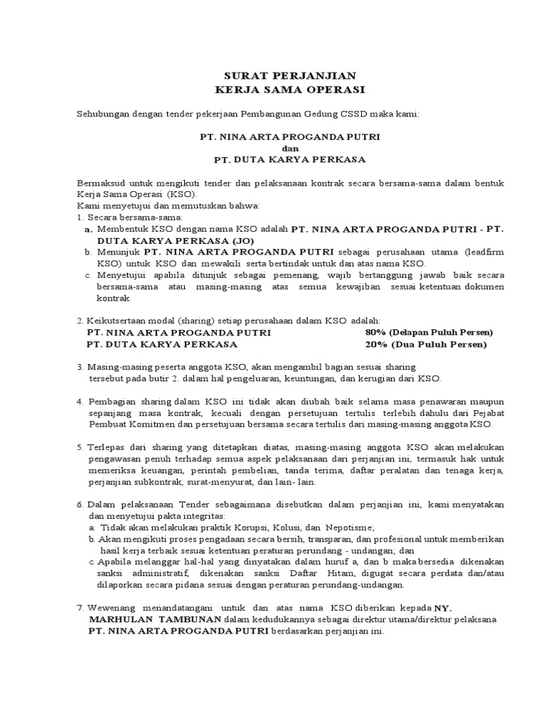 Perjanjian KSO PT. Nina dan Duta Karya | PDF