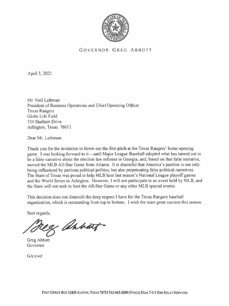 Abbott Letter To Texas Rangers | PDF