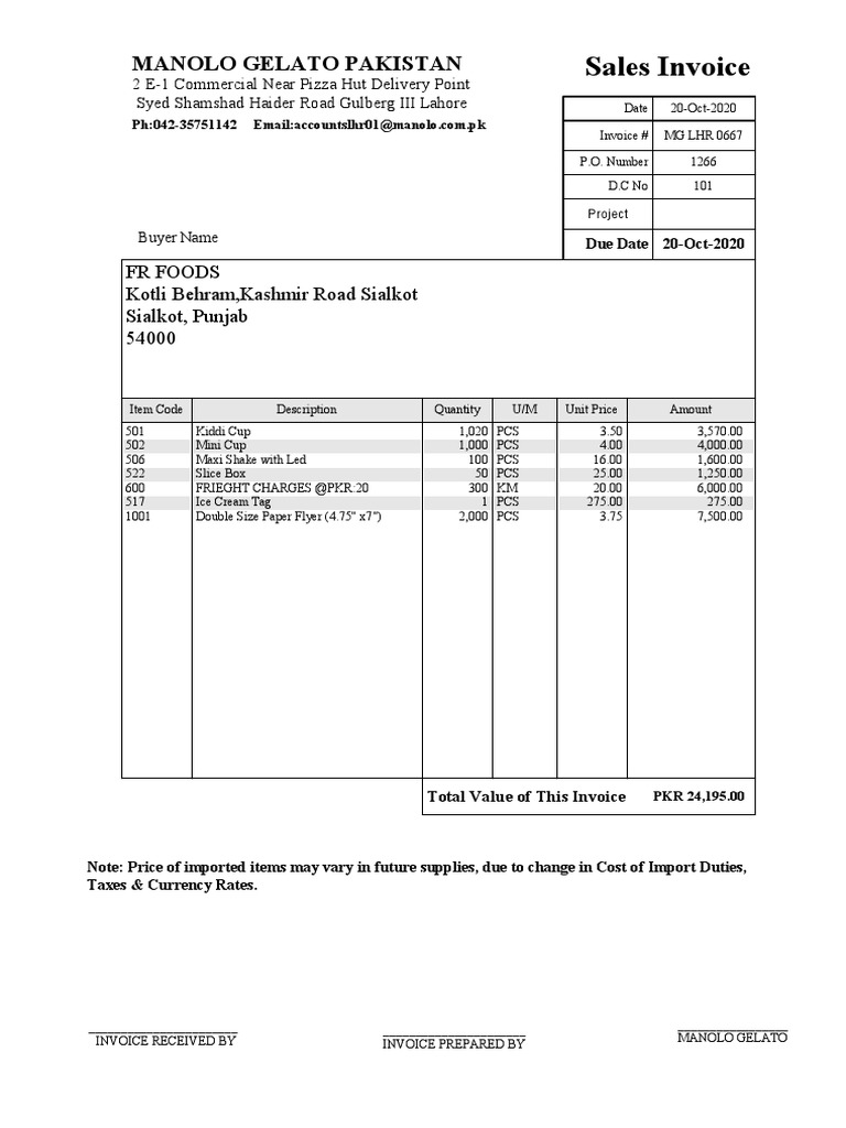 Manolo Gelato Invoice for FR Foods | PDF