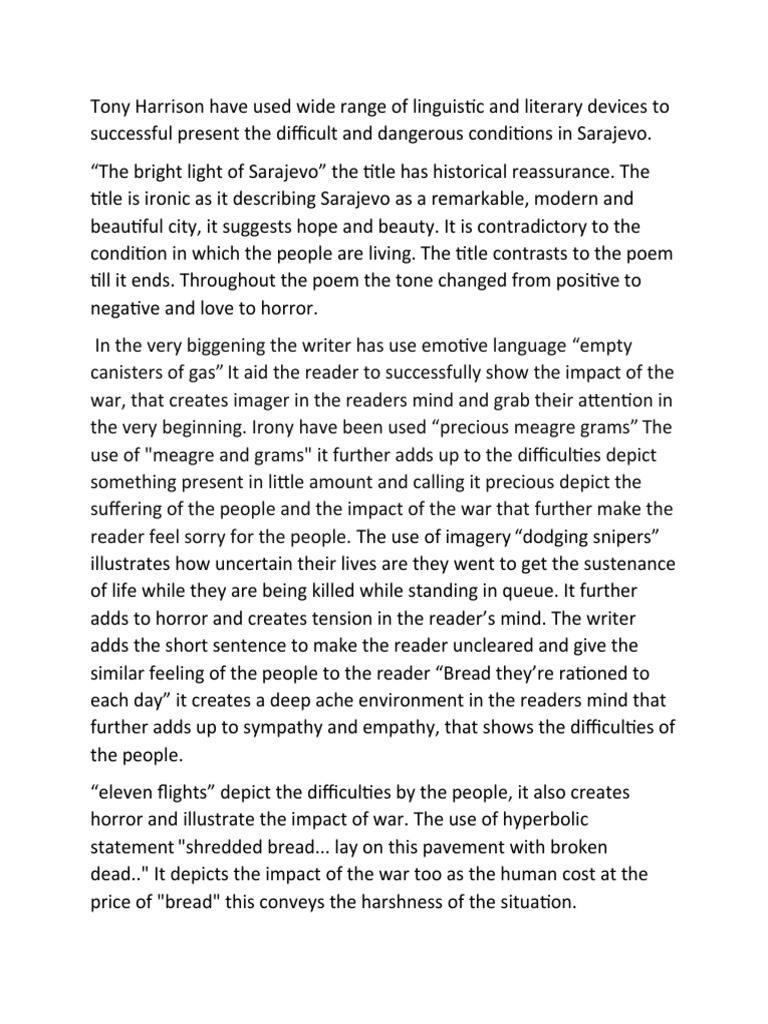 Tony Harrison Have Used Wide of Linguistic and Literary Devices Successful The Difficult Dangerous Conditions in Sarajevo | PDF
