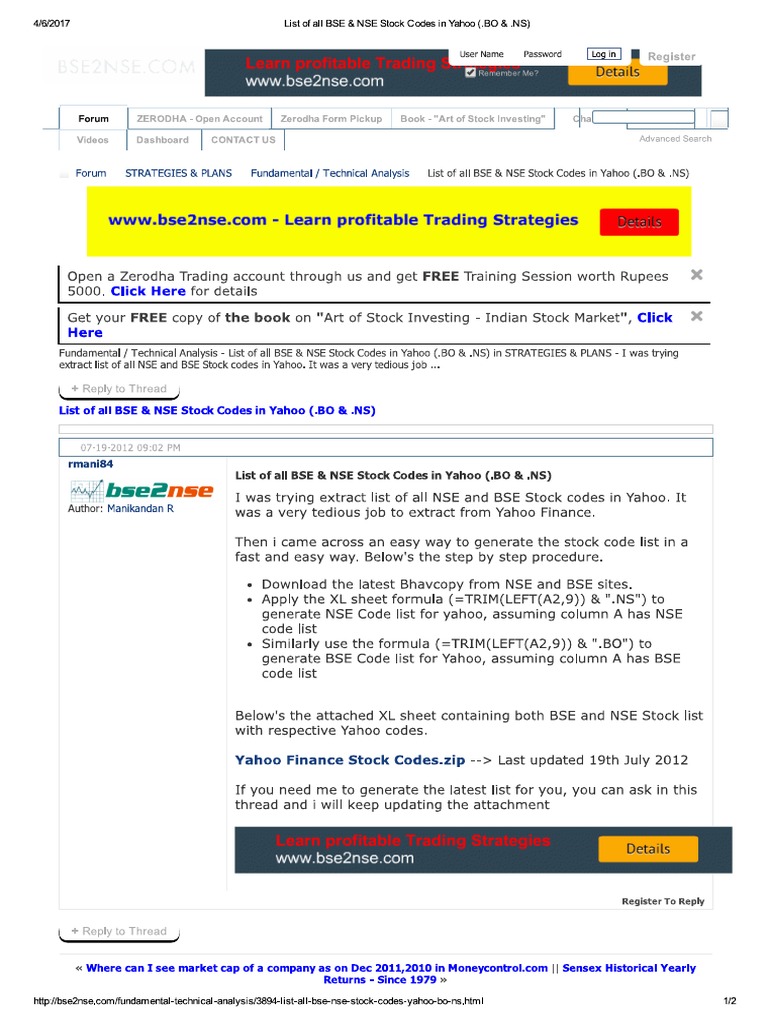 List of All BSE & NSE Stock Codes in Yahoo (.BO & .NS) | PDF