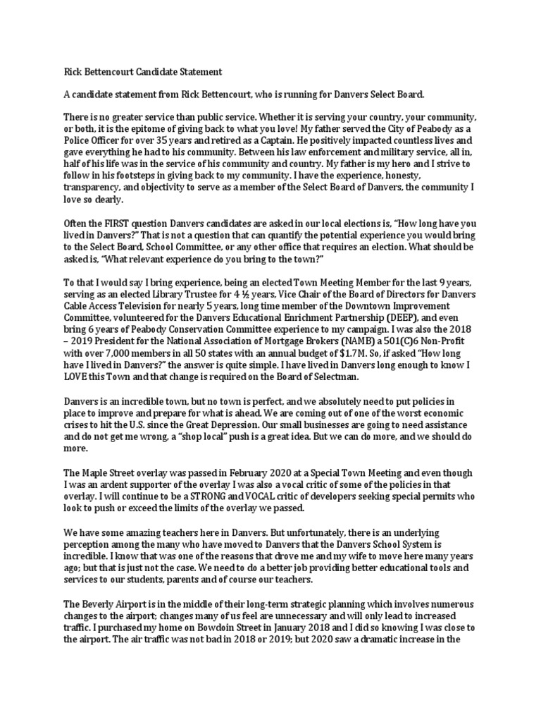 Rick Bettencourt Candidate Statement | PDF | Police | Policy