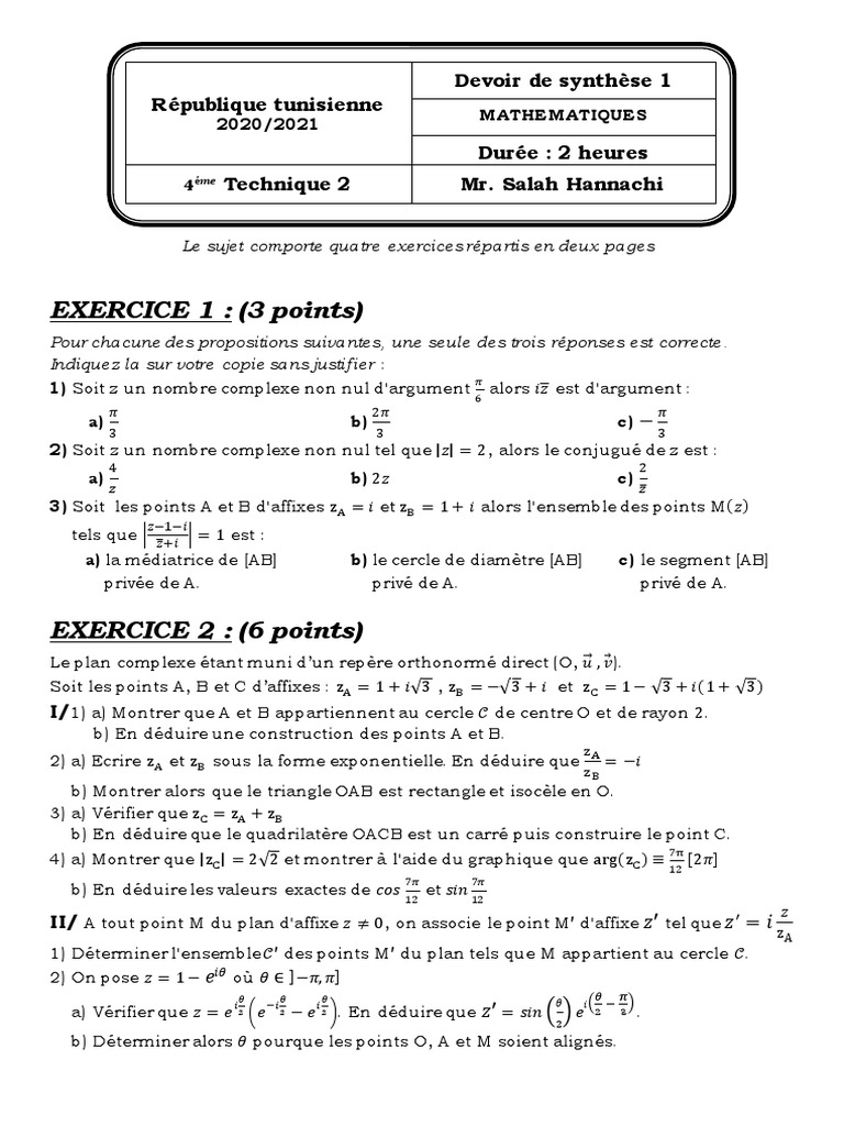 Devoir de Synthèse 1' | PDF | Tangente (géométrie) | Nombre complexe