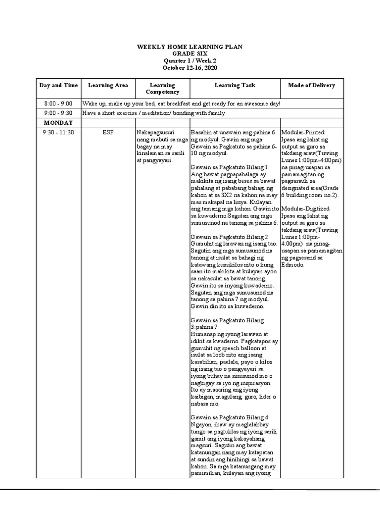 Grade 6 Weekly Home Learning Plan Q1 W2 | PDF