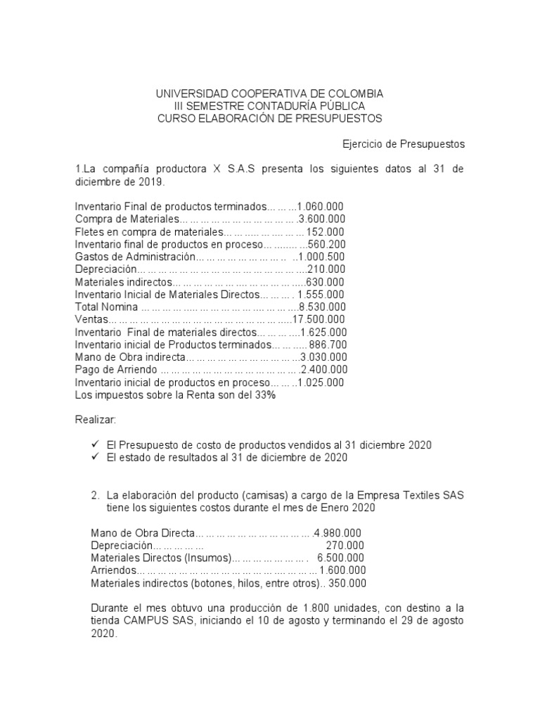 Ejercicios de Costos y Presupuestos | PDF