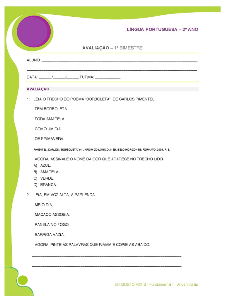 2º Ano Avaliacão de Português 1º Bimestre | PDF