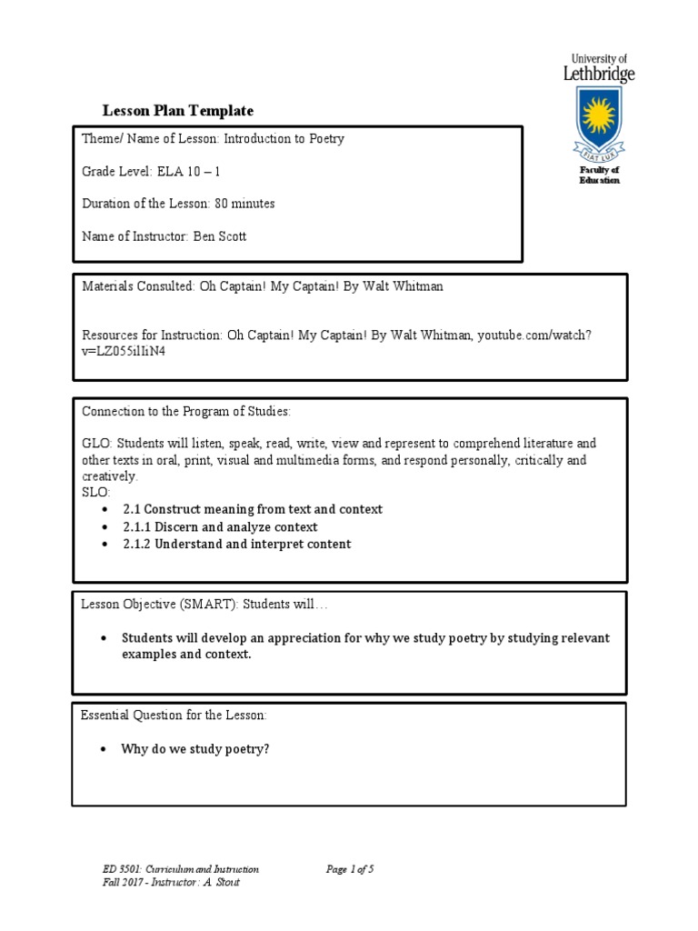 Introduction to Poetry Lesson Plan | PDF | Lesson Plan | Education Theory