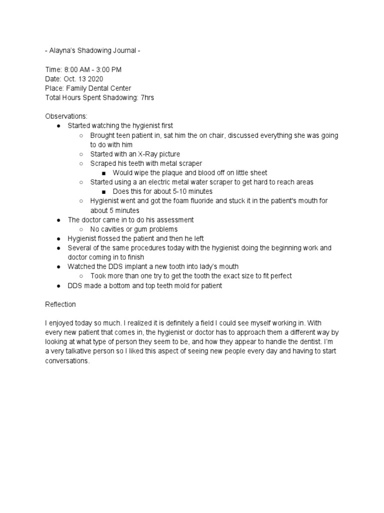 Dental Shadowing Experience Journal | PDF | Dentistry | Tooth