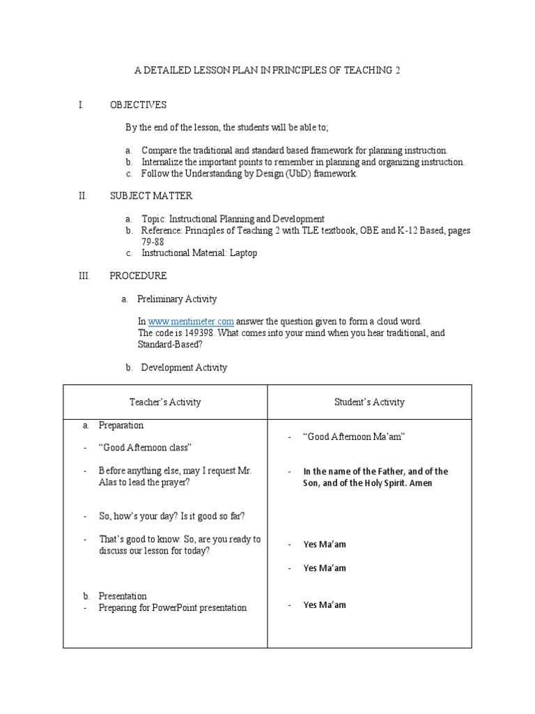 Detailed Lesson Plan for Teaching 2 | PDF | Educational Assessment ...