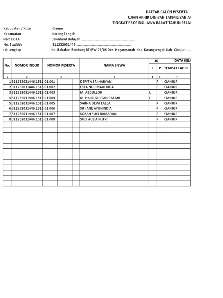 Format Data Calon Peserta Uadta. Th. 2020 - 2021 | PDF