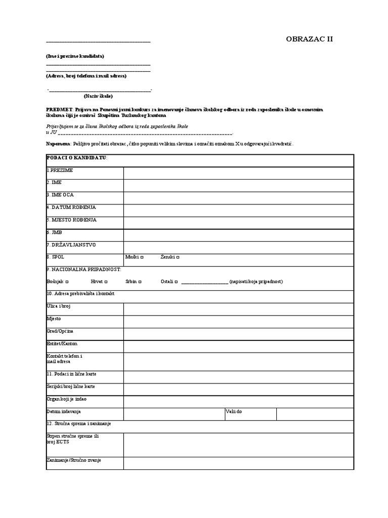 OBRAZAC II Školski Odbor | PDF