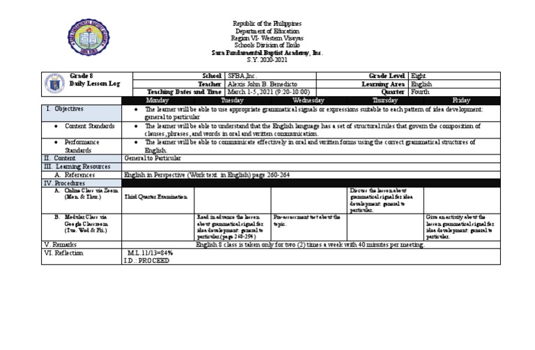 Grade 8 English Daily Lesson Log | PDF | English Language | Education ...