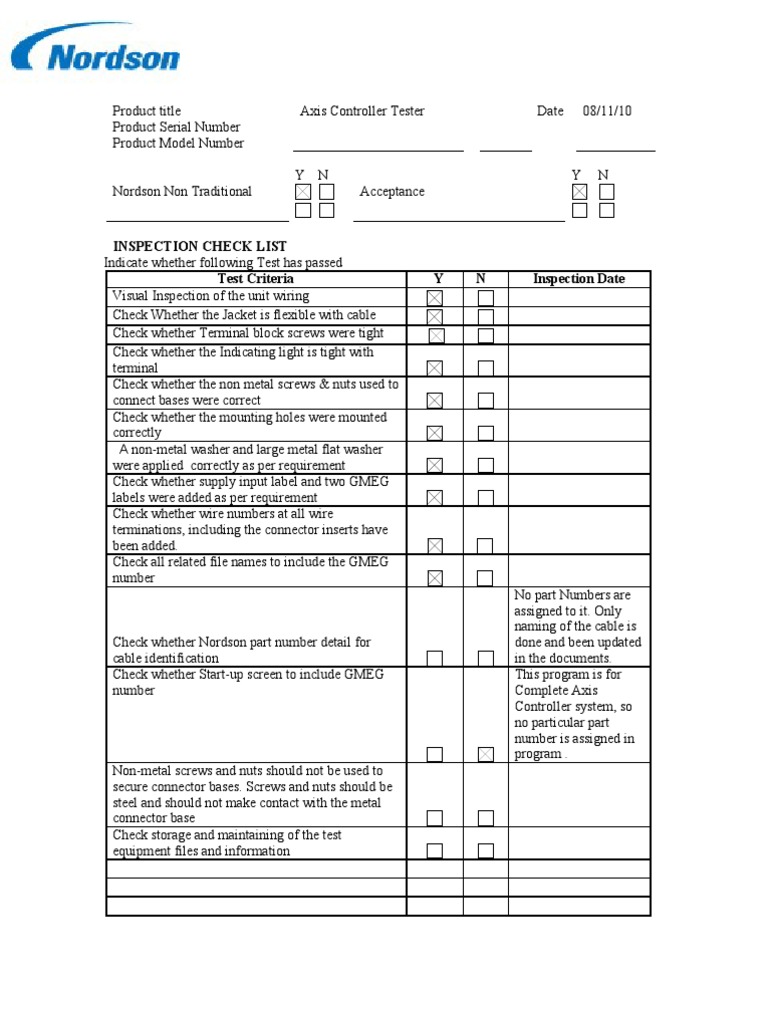 Axis Controller Tester Inspection Checklist | PDF | Electrical ...
