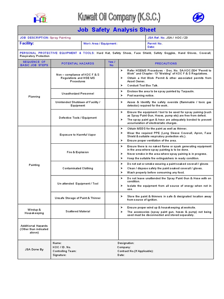 Job Safety Analysis Sheet: Facility, PDF, Personal Protective Equipment