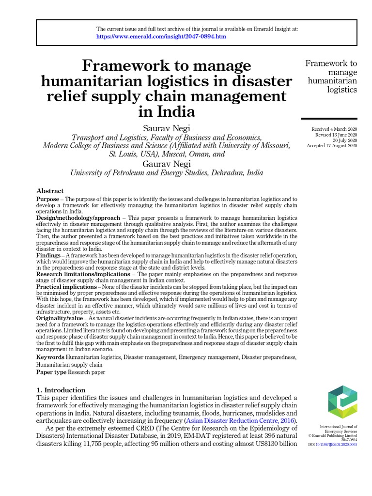 Framework To Manage Humanitarian Logistics in Disaster Relief Supply ...