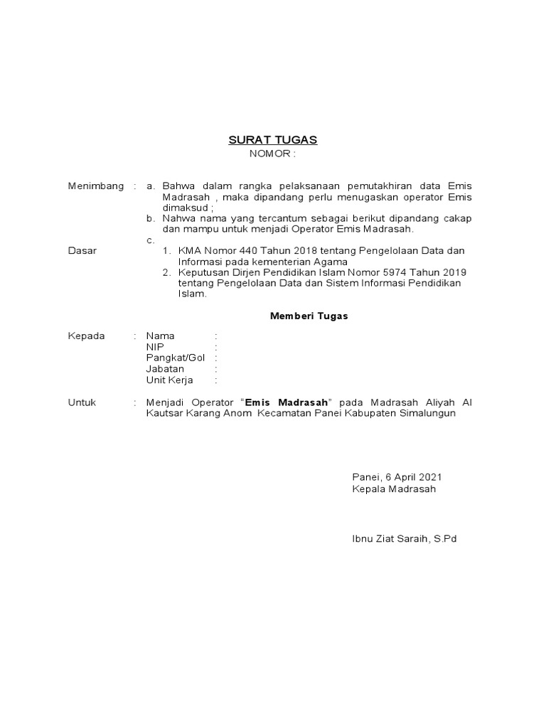 Surat Tugas Operator Emis Madrasah 2021 | PDF