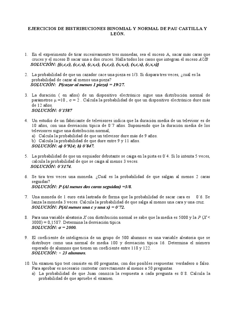 Ejercicios De Distribuciones Binomial Y Normal De Pau Castilla Y Le n 