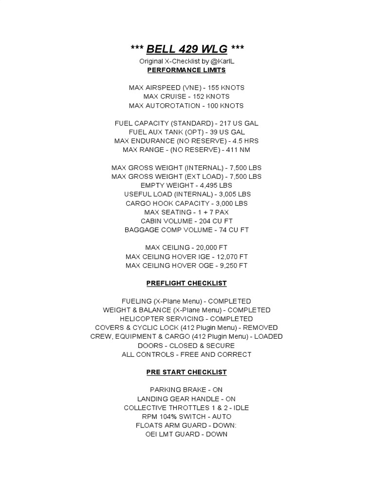 Bell 429 WLG Pre-Flight Checklist | PDF | Throttle | Helicopter