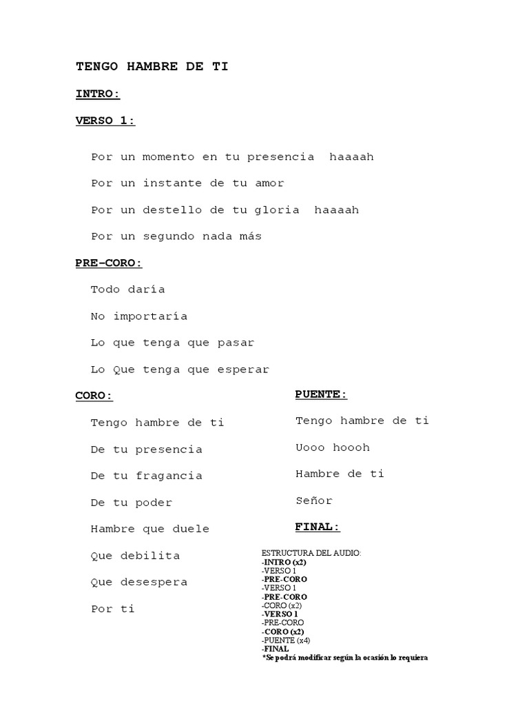Tengo Hambre de Ti (Sin Acordes) | PDF