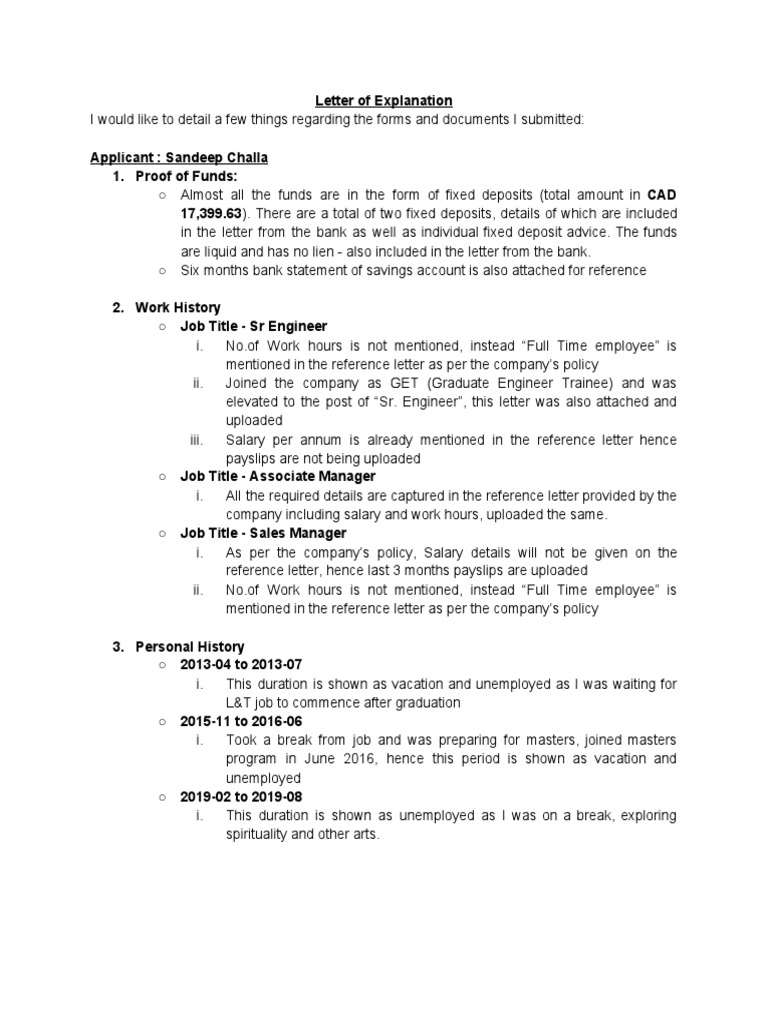 Letter of Explanation for Visa Application | PDF