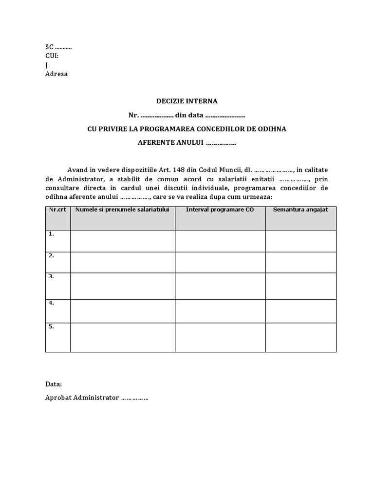 Model Programare Concedii Odihna | PDF