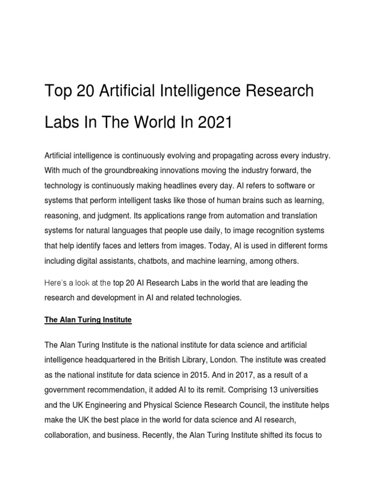 Top 20 AI Research Labs Worldwide | PDF | Artificial Intelligence ...