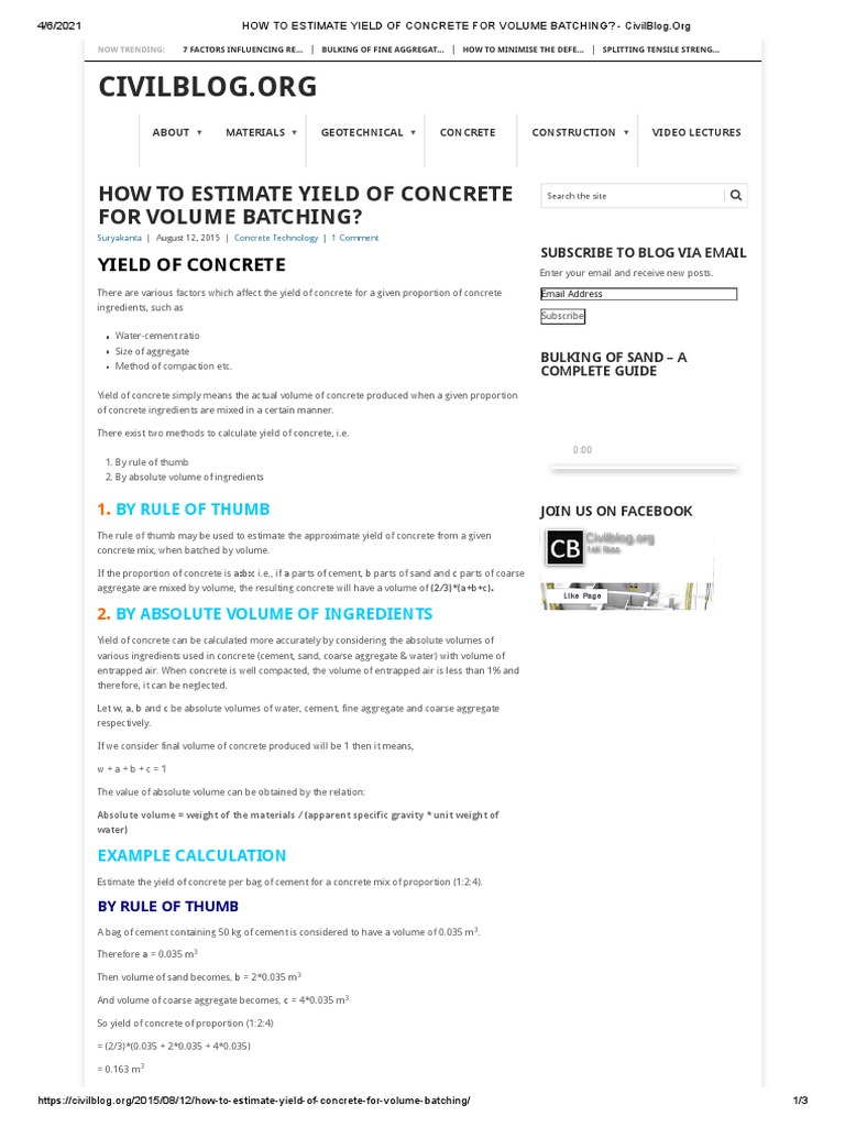 How To Estimate Yield of Concrete For Volume Batching PDF Concrete Weight