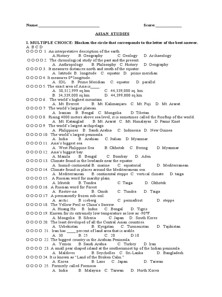 East Asia Language Exam Questions | PDF | Asia | Equator