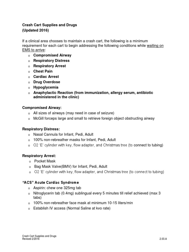 Crash Cart Supplies and Drugs PDF Medical Emergencies Medicine