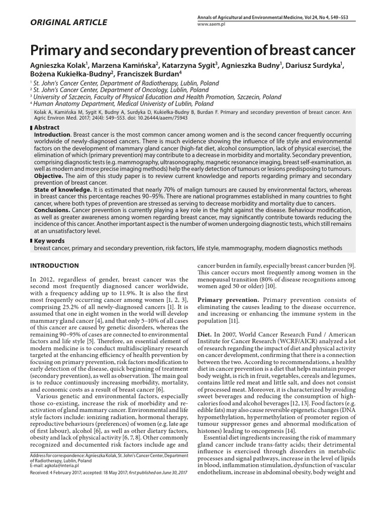 Primary and Secondary Prevention of Breast Cancer: A Review of Current ...