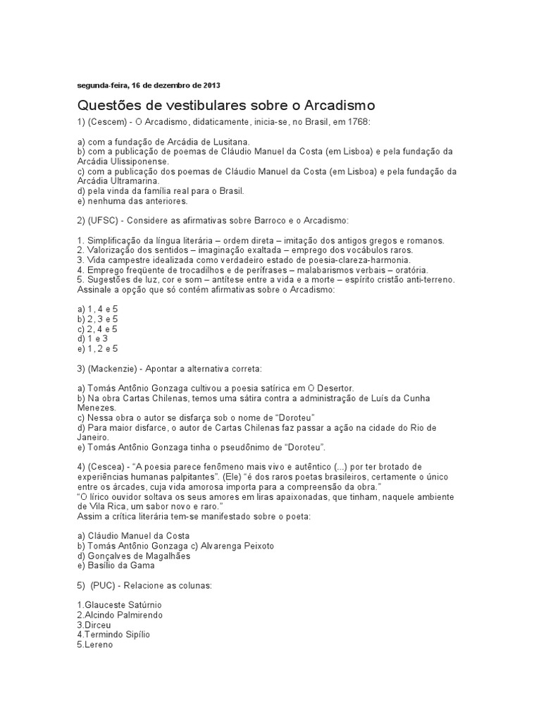 Questões sobre o Arcadismo Brasileiro | PDF | Romantismo | Poesia