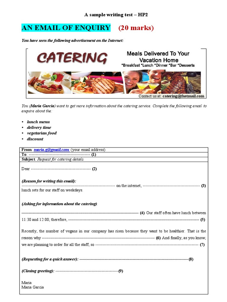 Catering Inquiry Email Template | PDF | Food And Drink | Foods