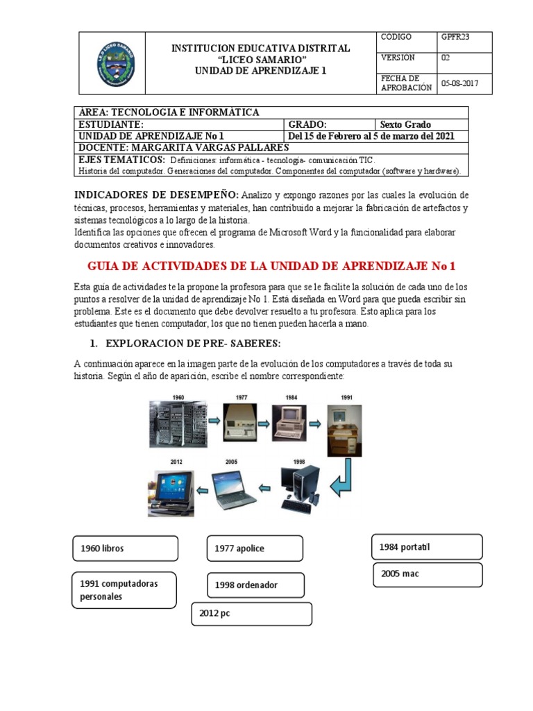 Guia de Actividades Unidad de Aprendizaje 1 Sexto Grado Primer Periodo ...
