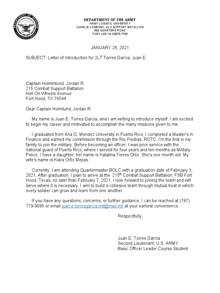 Introduction Letter for 2LT Torres Garcia | PDF