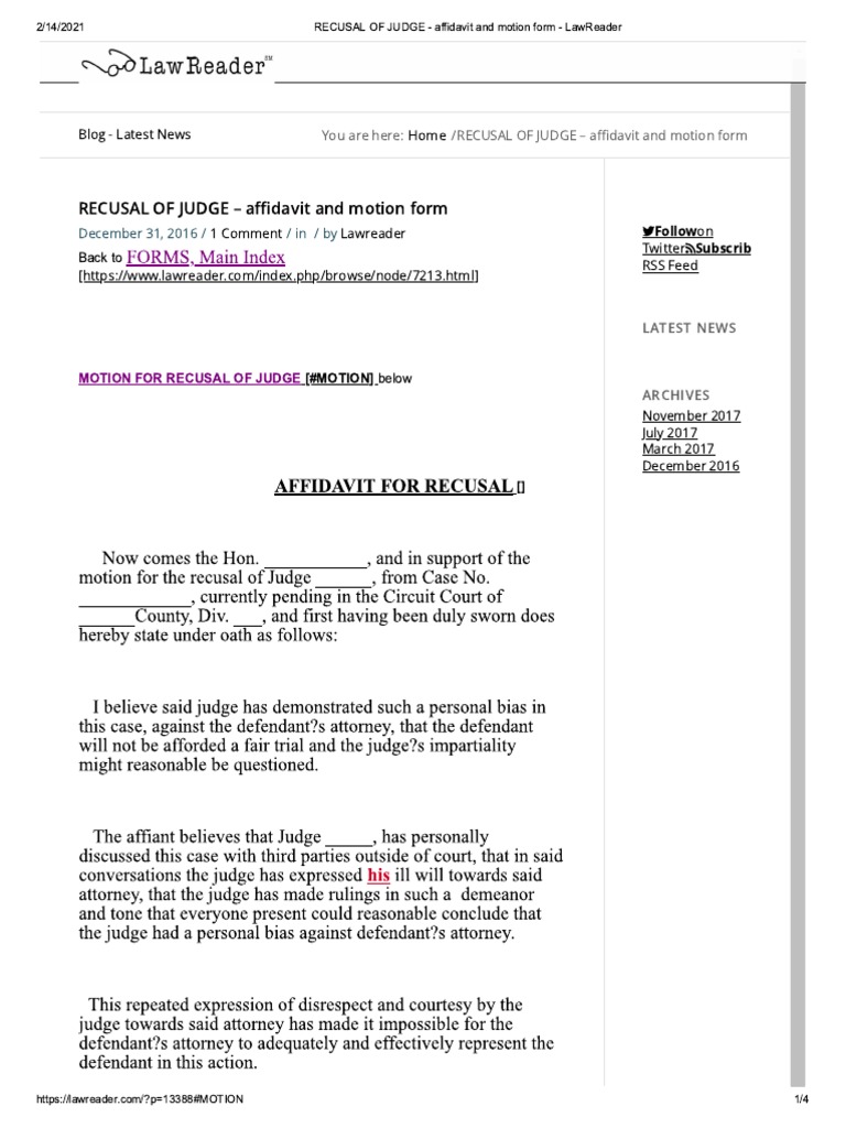 SAMPLE, RECUSAL OF JUDGE - Affidavit and Motion Form - LawReader | PDF